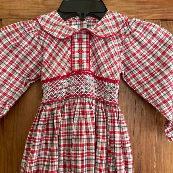 Strasburg Red Gray White Plaid Smocked Dress 4 - Picture 2 of 6